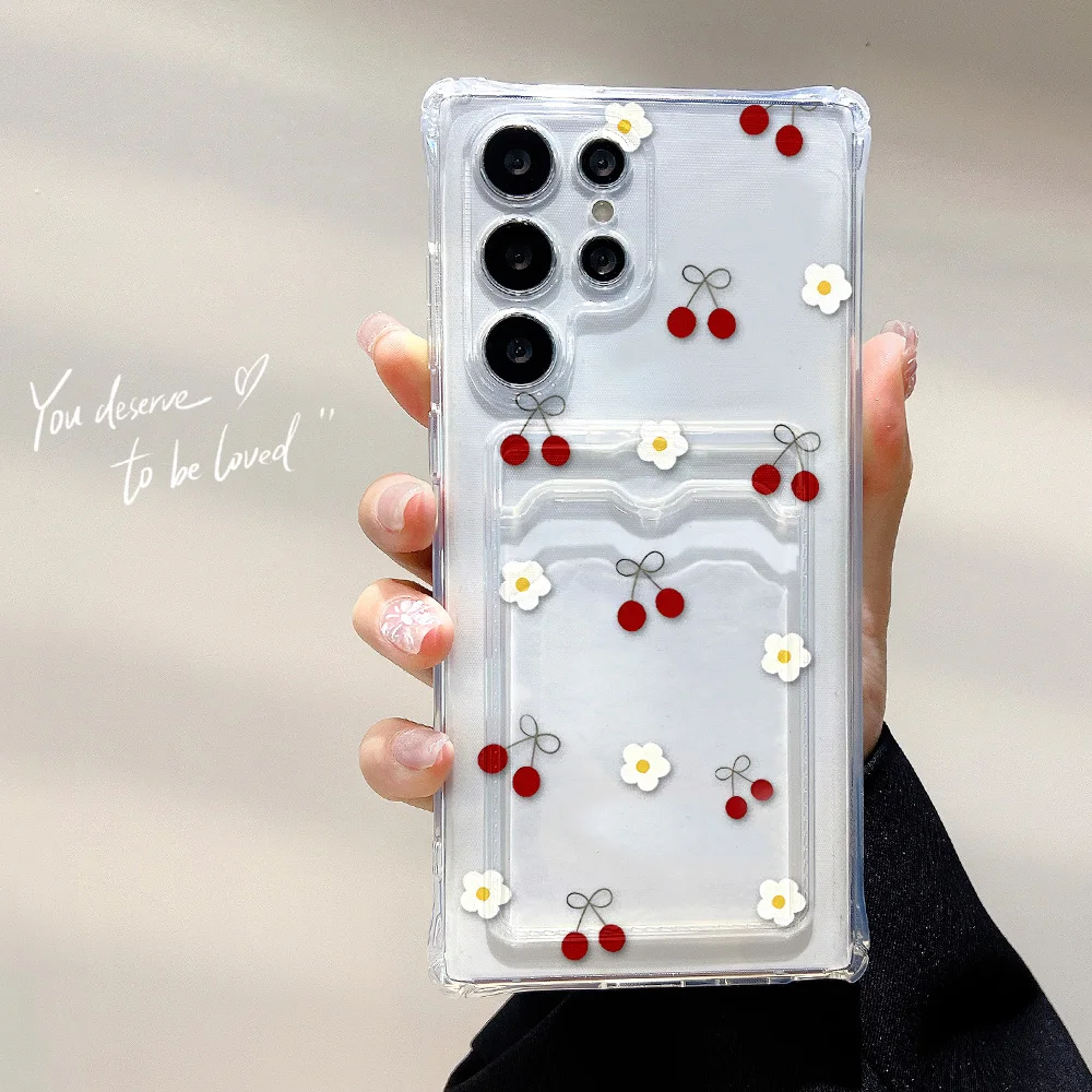 Flower Design Card Holder Phone Case - Shockproof Silicone Cover with Card Slot