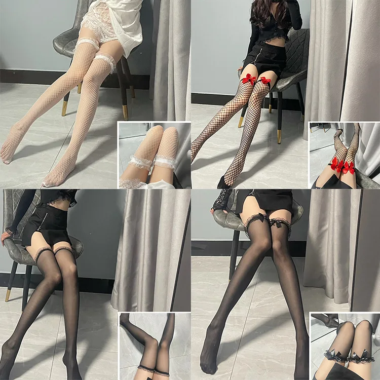 섹시한 학생 로리 롱 튜브 보우 스타킹, 얇고 섹시한 망사 스타킹, 로리타 JK 유니폼, 일본 유혹 허벅지 높이 스타킹