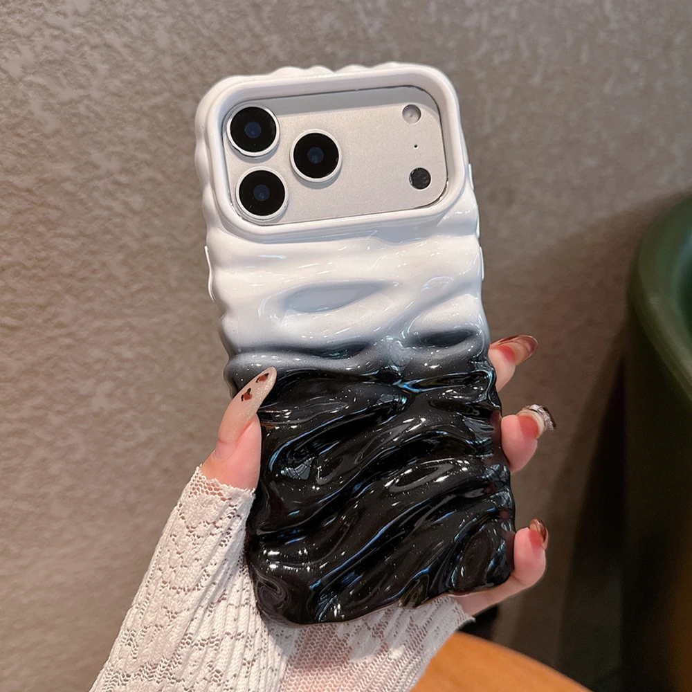 Gradient Pleated Water Ripple Glossy Phone Case - Dual Color Protective Back Cover