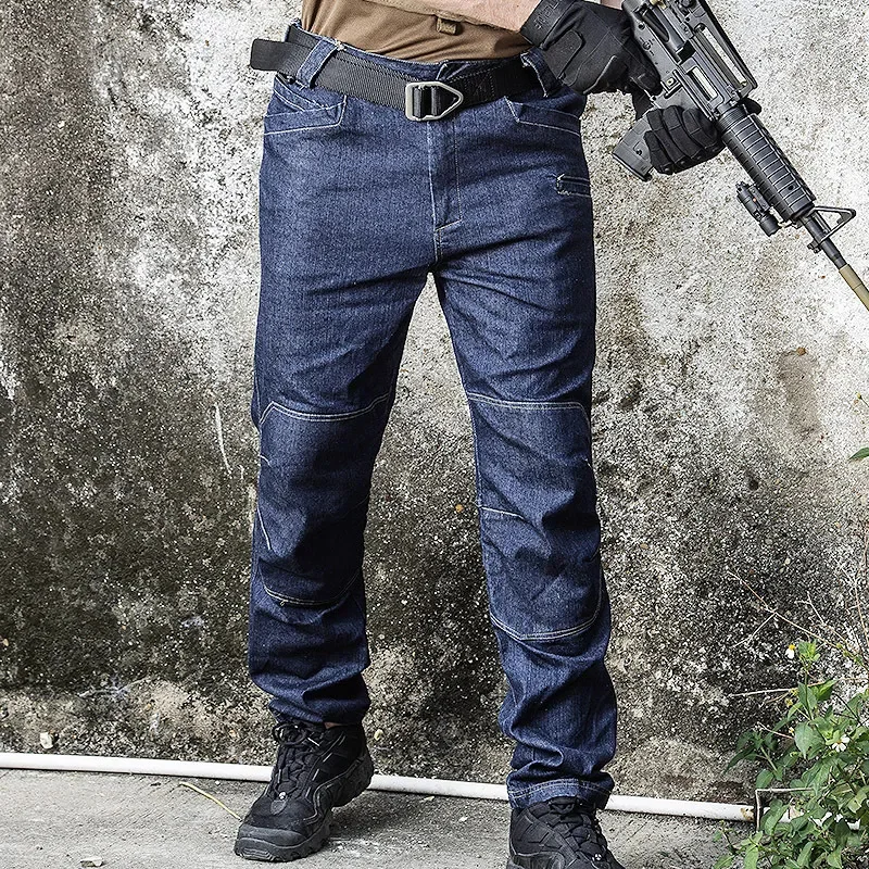 

2023 Men Tactical Jeans Wear-resisting Multi Pocket Elasticity Straight Denim Pants Cotton Slim Military Combat Trousers Joggers