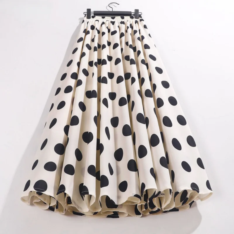 Spring Summer Polka Dot Large Swing Printed Chiffon Umbrella Skirt Korean Style Long Black A Line Polyester Skirt for Women