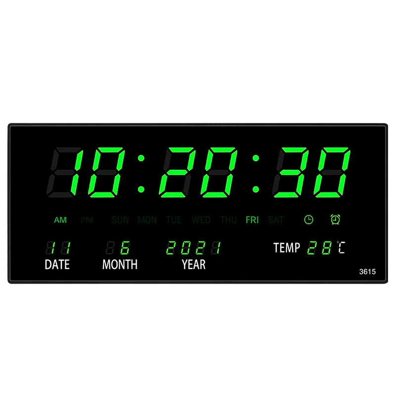 36*15*2.8CM Digital Wall Clock 4 Alarms Hourly Chiming Temperature Calendar Table Clocks with Plug Electronic Luminous LED Clock 