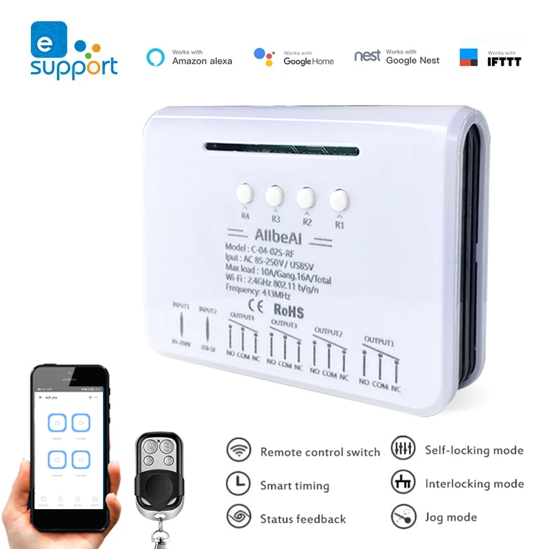 eWeLink Smart Remote Control Wifi Switch Module 1CH 4CH DC 12V 24V 32V 110V 220V Inching Self-locking RF433 Receive 4 Way Relay smart universal remote control,wireless remote controller,smart ir remote control,smart switch,smart plug,smart wifi receiver