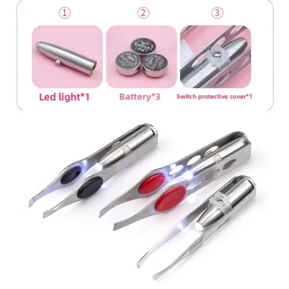 1개 핫세일 눈썹 제모 핀셋 LED 라이트 포함 휴대용 스테인리스 버튼 셀 스마트 디자인 눈썹 정리 클립