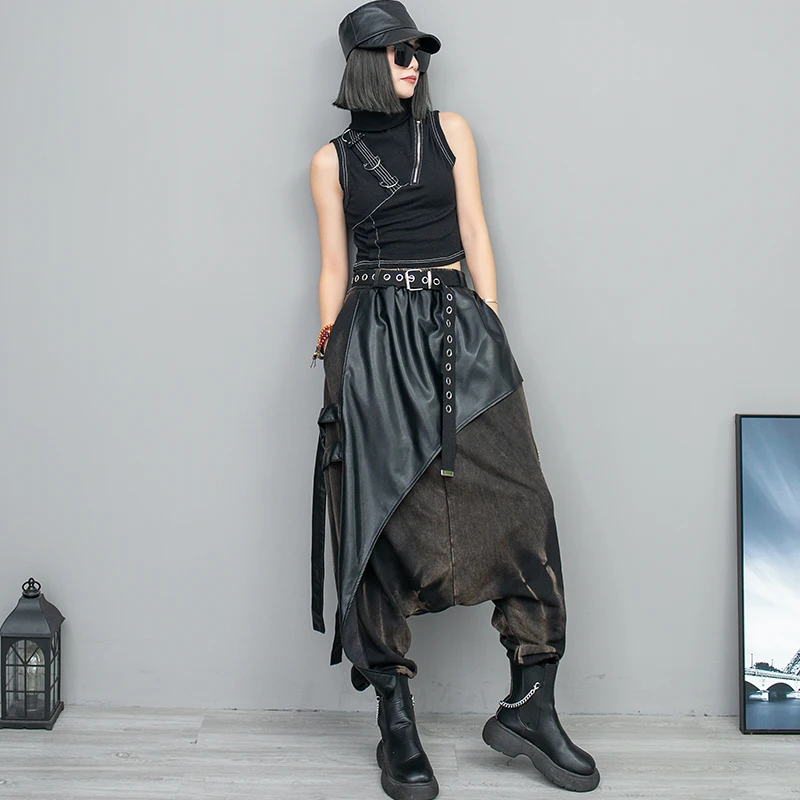 New Fashion Woman Streetwear Elastic Waist Oversized Cross-pants Trousers Personalized Leather Patchwork Punk Style Harem Pants