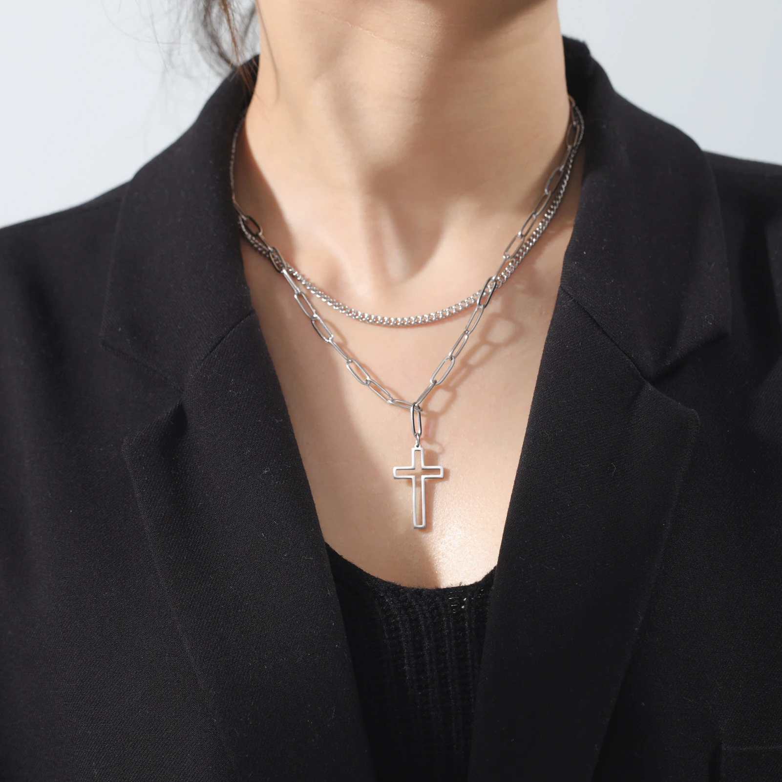 Kkjoy Mode Edelstahl Gold Farbe Kreuz Anhänger Halskette Für Frauen Doppel Schicht Kette Symbol Religiöse Schmuck Geschenk