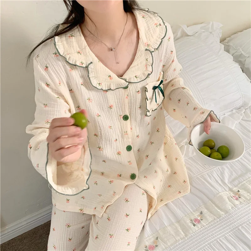 

Women's Loose Skin-friendly Comfortable Pajamas Bubble Cotton Floral Long-sleeved Trousers Casual Home Clothes Suit Cute D555