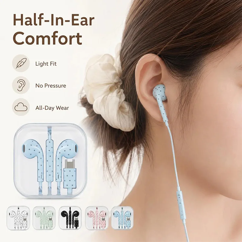 Polka Dot Type-C Wired In-Ear Earphones with Mic for Hands-Free Entertainment
