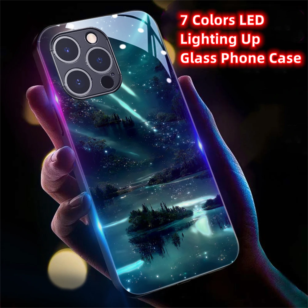 

2024 Pretty Galaxy Beach Smart LED Light Glow Tempered Glass Phone Case For Honor V40 60 70 80 90 Pro Huawei Nova 7 8 9 10 11