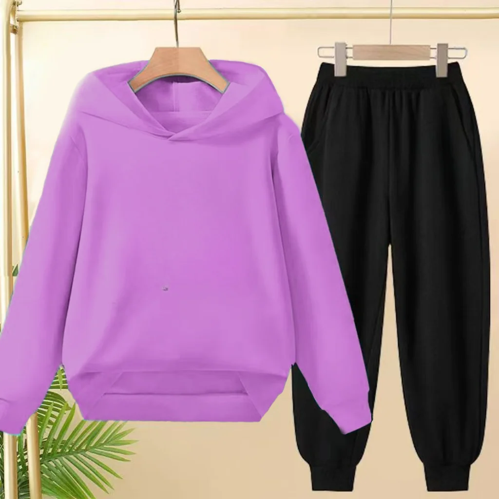 Kinder 3–12 Jahre einfarbiger Pullover-Hoodie für Jungen und Mädchen, Schwarz, Blau, Gelb, Weiß, Rot, Grau, Mantel, Sweatshirt und Hose, 2P, lässiges Sport-Set – Detail 5