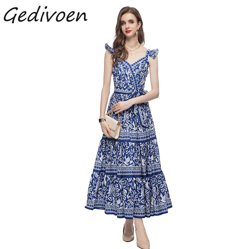 

Gedivoen Summer Fashion Runway Blue Print Sling Long Dress Women V-Neck Backless High Waist Lace-up Beach Vintage Pleated Dress