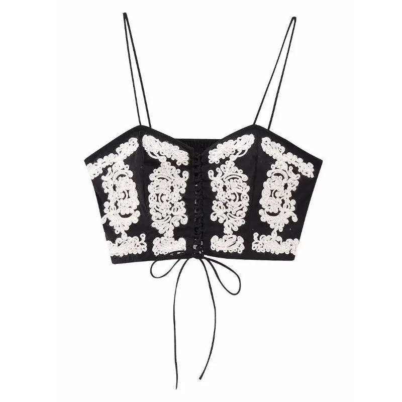 

Women Fashion Sexy suspender With Tied Contrast Embroidery Crop Tank Tops Sexy Thin Straps Backless Elastic Female Camis Mujer