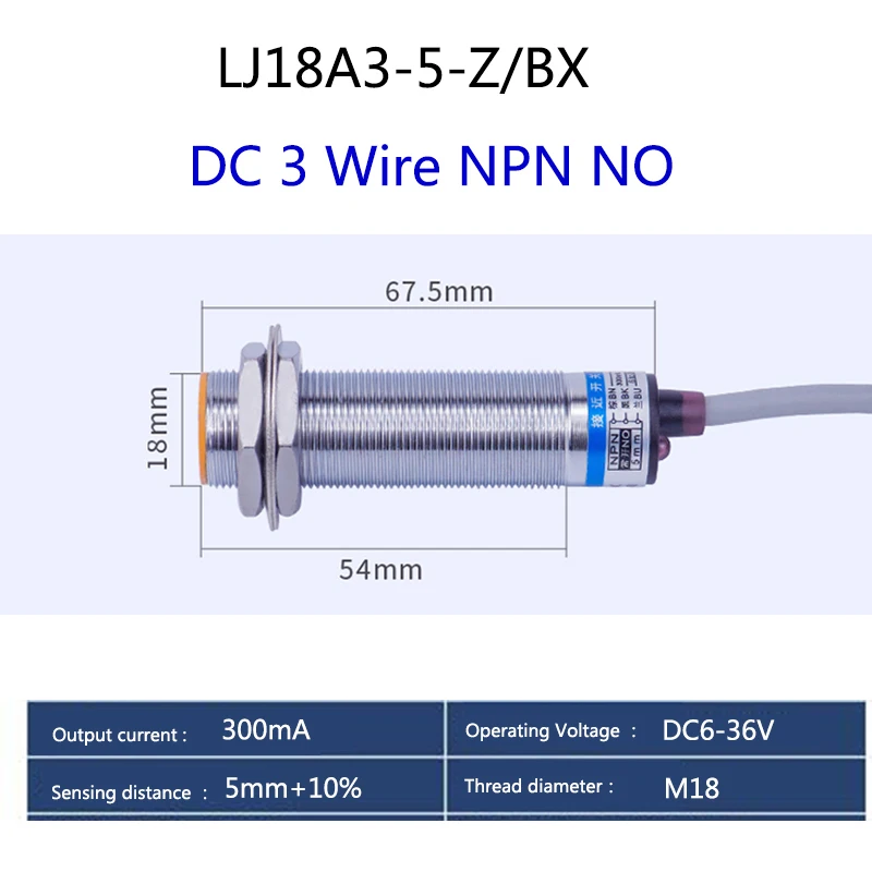 

M18 Metal Induction Inductive Proximity Switch LJ18A3-5-Z/BX-AX-BY-AY-EX-DX Sensor DC6-36V 5mm Approach NC NO NPN PNP