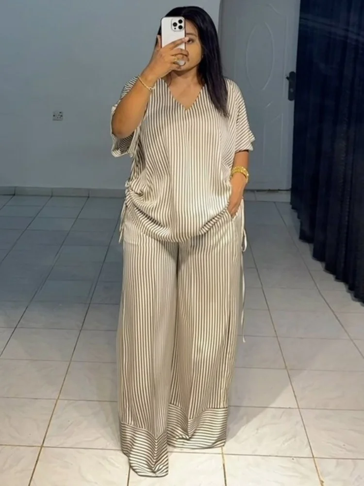 Wmstar Two Piece Sets Women Summer Outfit 2025 Summer New Casual Loose V Neck Striped Short Sleeved Top Wide Leg Long Pants Set