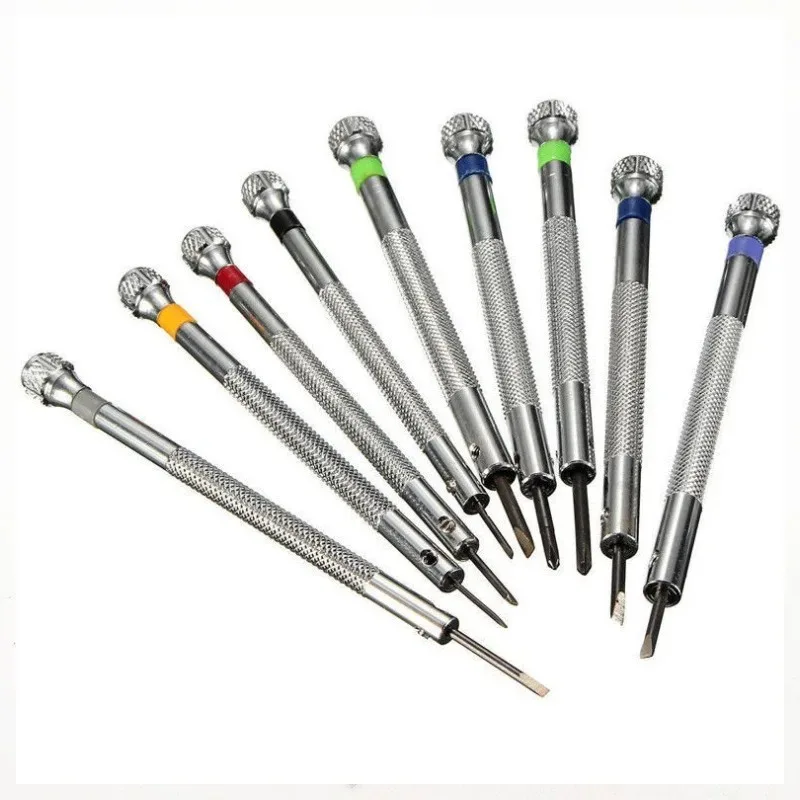 9PCS 0.8-2.0mm 스크루 드라이버 키트 교체 시계 제조 업체 스크루 드라이버 회전베이스와 철강 스크루 드라이버 시계 수리 도구 제거