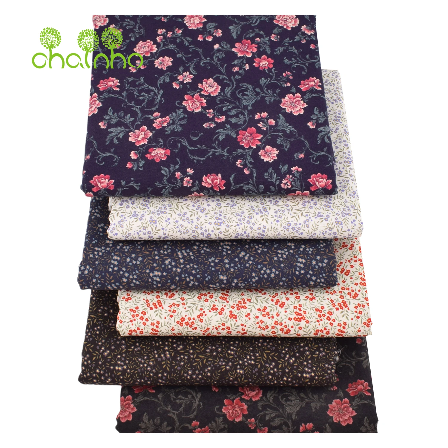 Chainho,Printed Plain Weave Poplin Cotton Fabric,DIY Quilting Sewing Material,Patchwork Cloth,Floral Series,2 Sizes,15PC225