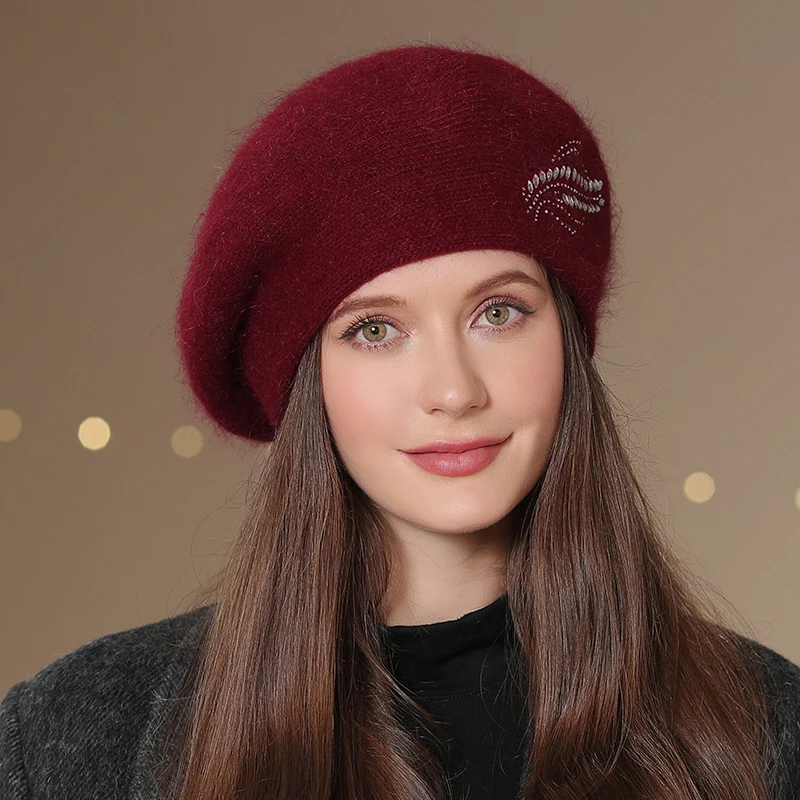 Women Winter Hat Mama Beret Rhinestone Decorate Beanie Hat Rabbit
