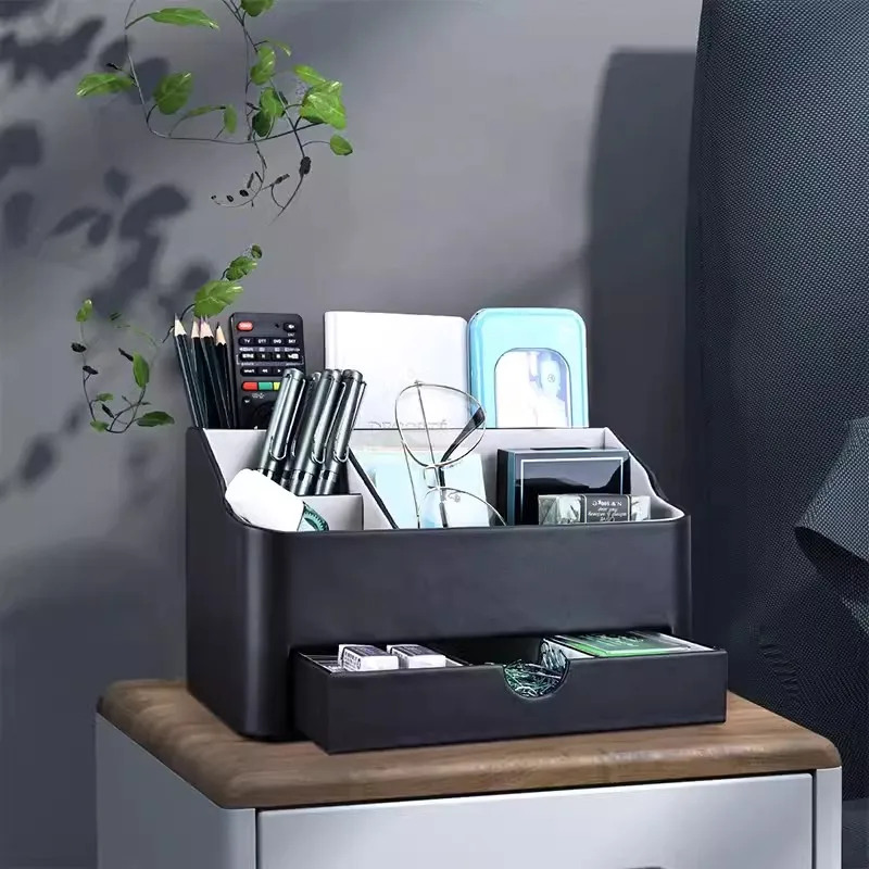 

Pen Holder Office Desktop Storage Box, Drawer Style Cosmetic And Stationery Storage Rack, Leather Debris Sorting Box Rack