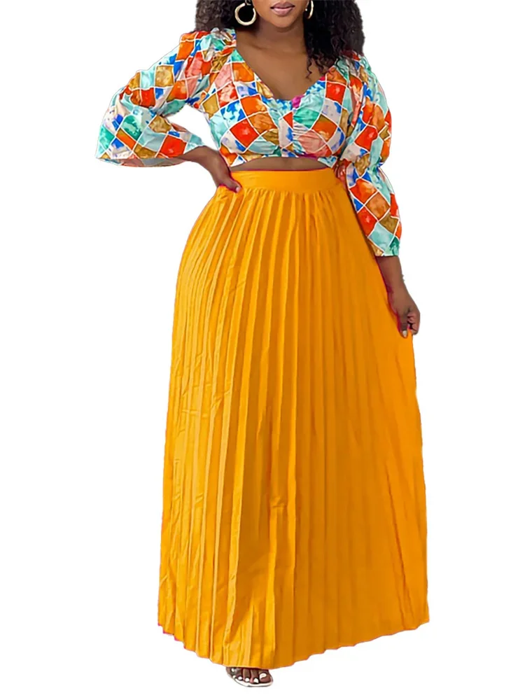 Wmstar Women Two Piece Set Fashion Autumn V Neck Long Sleeve Print Blouse Pleated High Waist Long Skirt Elegant Two Piece Suit