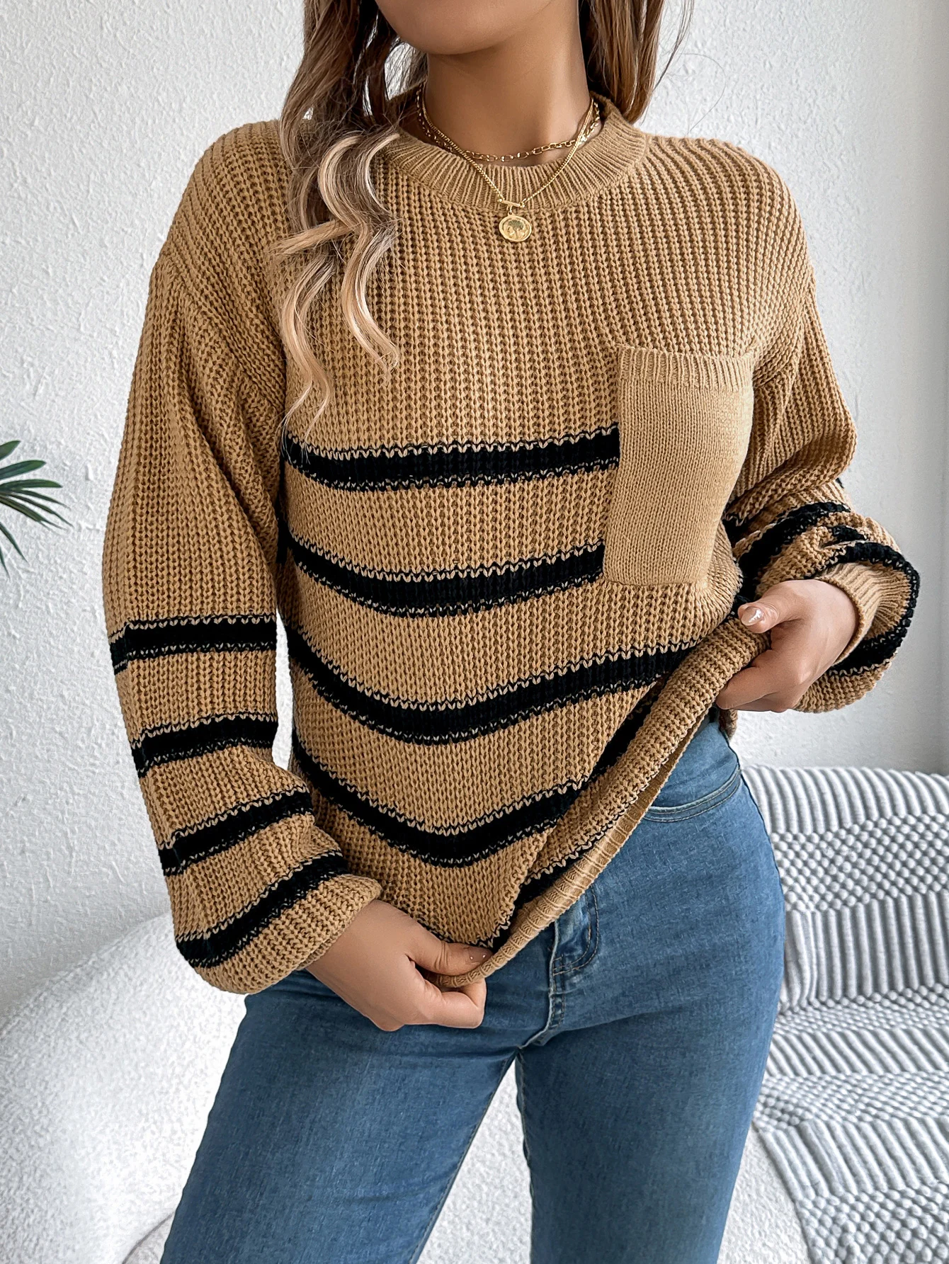 White Striped Knitted Sweater for Women Autumn Winter