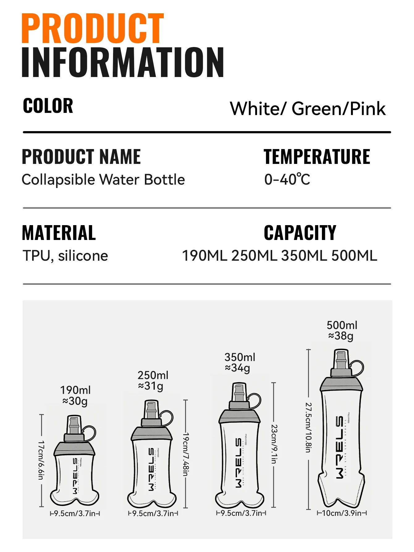 WRELS TPU Weiche Faltbare Wasserflasche BPA-Frei Zusammenklappbare Flasche für Laufen Camping Wandern Reisen Praktische Leichtgewichtige Wasserflasche – Detail 2