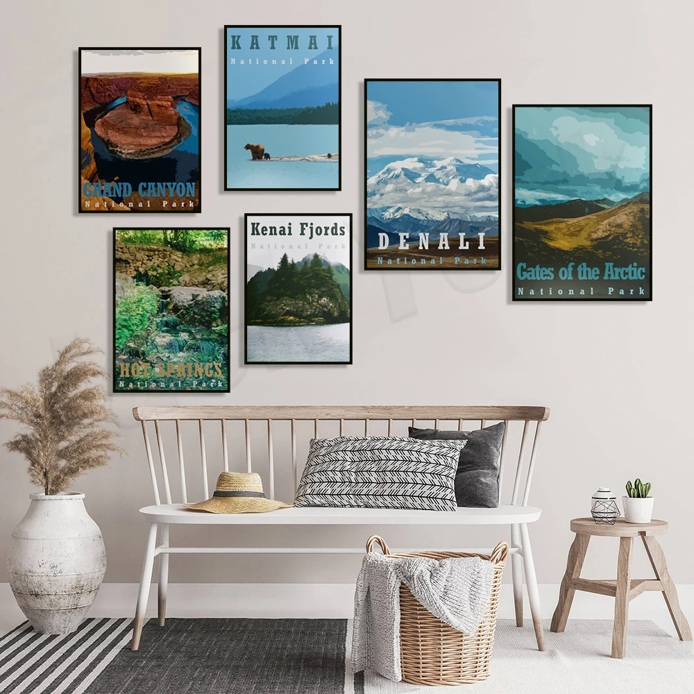 Póster de viaje de Puertas del Ártico, Bahía de los glaciares, fiordos Kenai, Bosque Petrificado, Cactus, Gran Cañón, arco, Parque Nacional Katmai