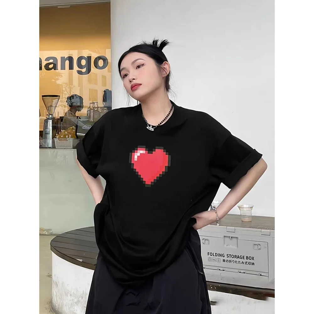 Pixel Heart Print Short-sleeved Couple T-shirts, American High Street Loose  Pure Cotton Half-sleeved, 2025 New Trend-Freehip.co.kr