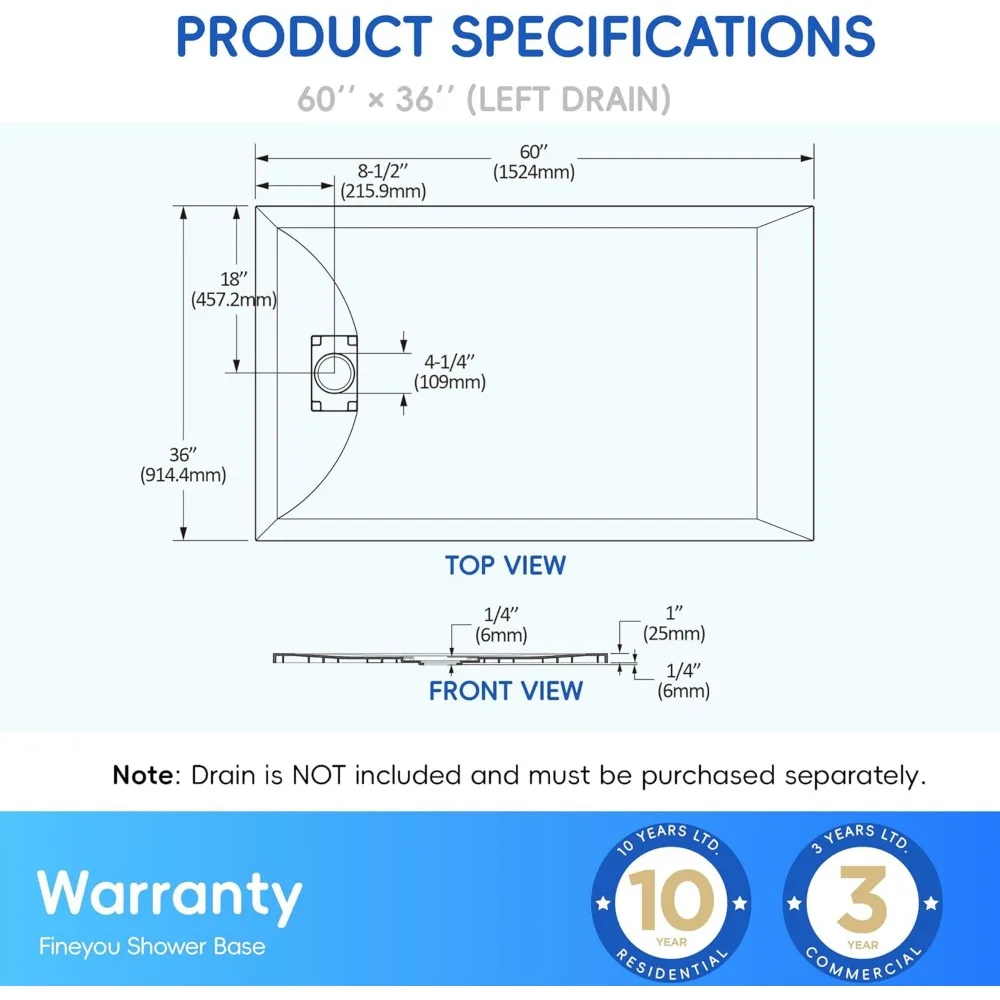 Shower Base, for Bathroom Assembly/Left&Right Drain, Non-Slip Shower Pan 60"x 36"White SMC Tray
