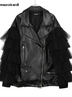 Mauroicardi-Veste courte en cuir PU pour femme avec ceinture, vêtements de créateur de luxe, dentelle patchwork, doux, léger, noir, printemps, 2025 3
