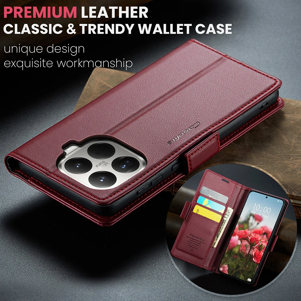 Leather Flip Wallet Case with Side Buckle Closure