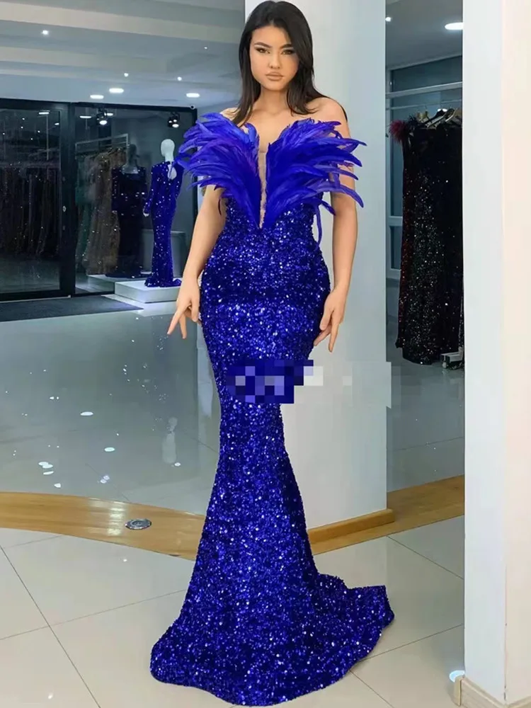 

2022 Women Luxury Prom Gowns Blue Strapless Feather Sequined Maxi Long Elegant Birthday Celebrity Evening Party Dresses