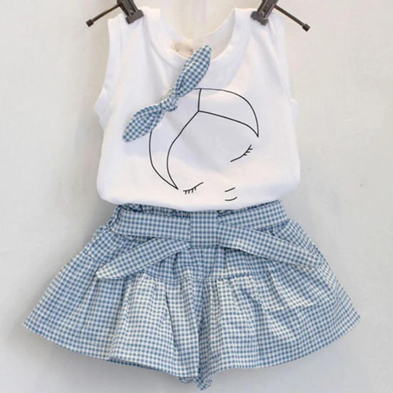 

2Piece Sets Summer Girls Boutique Outfits Fashion Print Sleeveless Cotton Baby Tops+Plaid Shorts Korean Kids Clothes BC1835-1