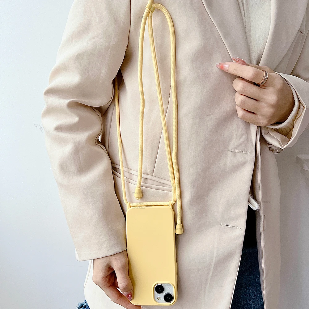 새로운 크로스 바디 매는 밧줄 액체 실리콘 전화 케이스 iPhone 11 12 13 14 15 Pro Max XS X XR 7 8 Plus SE 목걸이 스트랩 소프트 커버