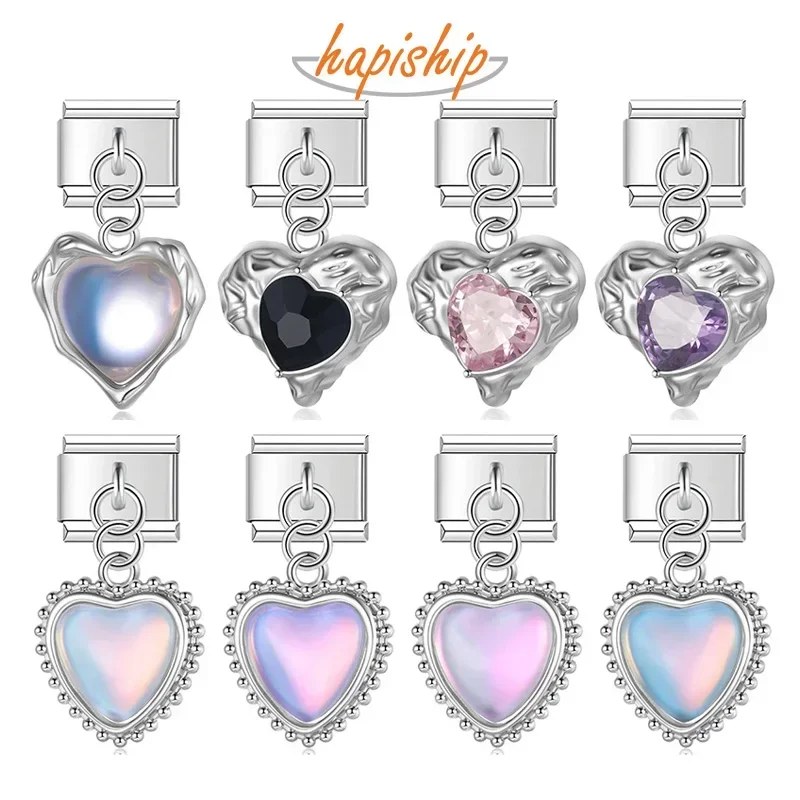 Hapiship 2023 Fashion New Romantic Heart Shiny CZ Charm Italian Link Fit 9mm Bracelet Stainless Steel Making DIY Jewelry DJ676