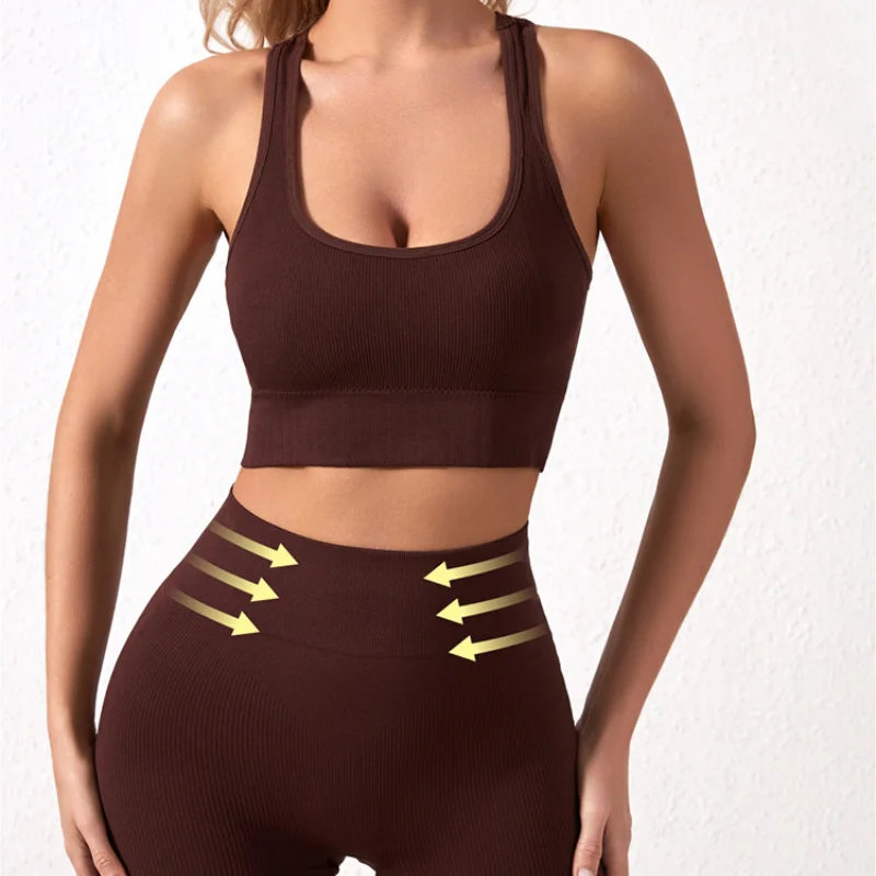 Solid Color Work Back Seamless Knitting Bra Belly Compression Shorts Sports Running Fitness Yoga 2 Piece Set yoga set,sports set,gym workout set,sportswear set,fitness set,sports bra set,sports set shorts
