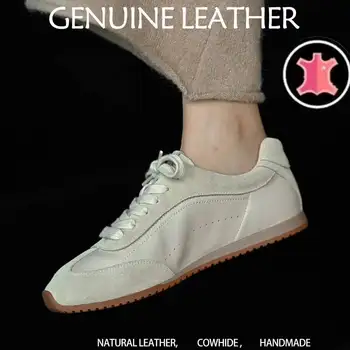 Ins Fashion Suede Leather Women Sneakers Lace Up Flat Shoes Genuine Leather  Ladies Flats Casual Shoes 1