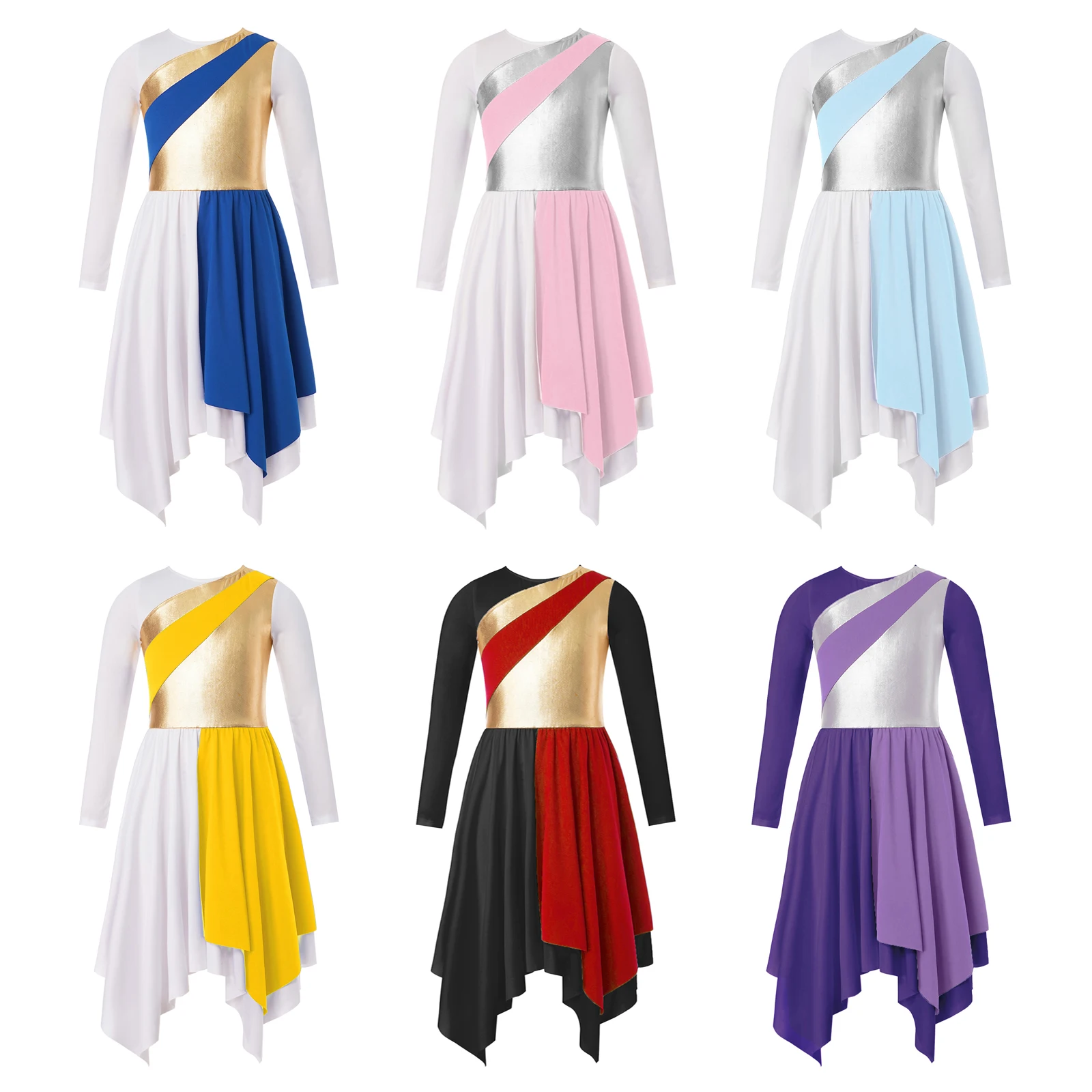 Girls Dance Costumes Ballet Dress Kids Girls Ballet Praise Dance Dress Long Sleeve Modern Lyrical Dresses Celebration of Spirit Church Worship Performance Costume