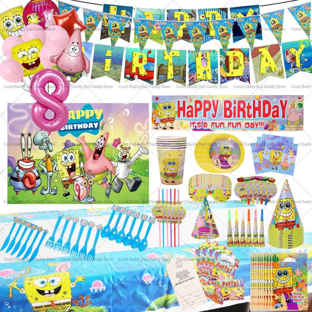 Spongebobs Theme Party Supplies Birthday Decoration Set Paper Cups Plates  Knives Forks Ballons Backdrop Banner DIY Room Decor - AliExpress