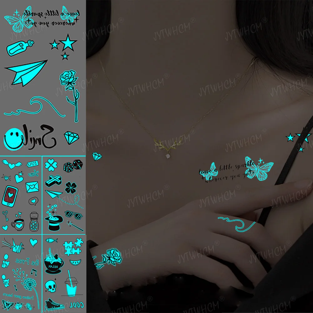 

Blue Fluorescent Temporary Tattoo Stickers Smiley Various Styles Aircraft Fake Tattoos DIY Body Art Arm Wrist Finger Stickers