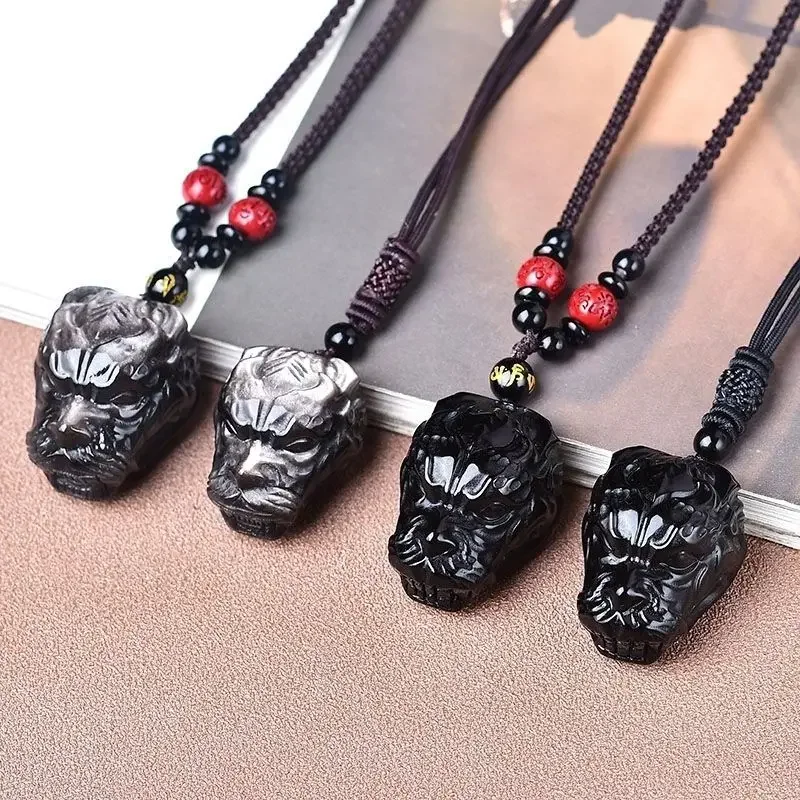 

Mencheese New Natural Obsidian Silver Stone Dragon Head Custom Pendant Men's Lucky Necklace Zodiac Ornament Jade Pendant