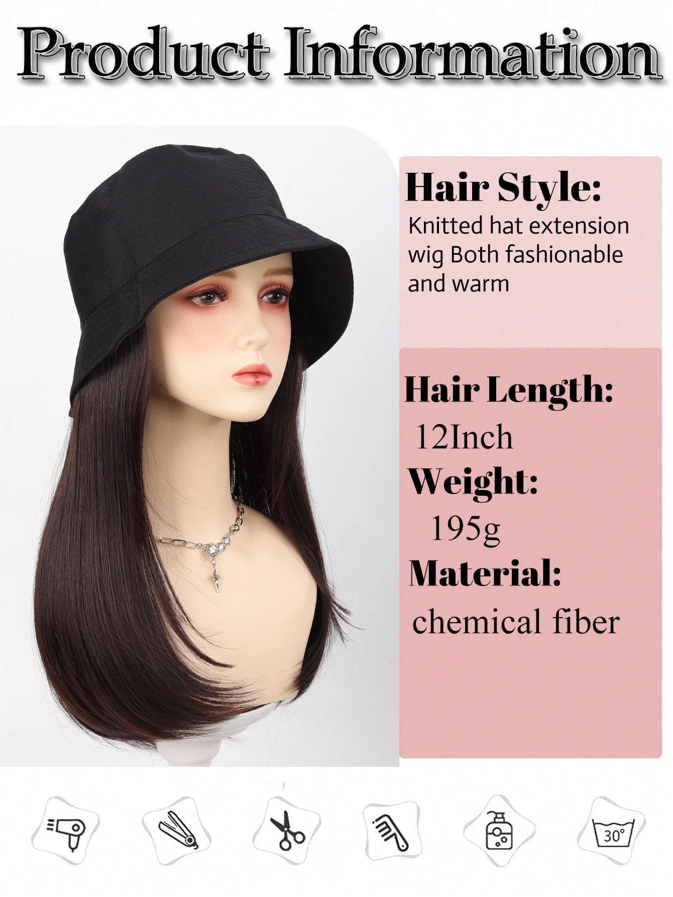 Synthetic 12inch Fisherman Hat Wig Black Hat Wigs Cap With Hair Naturally Connect Short Hair Baseball Cap Adjustable Breathable