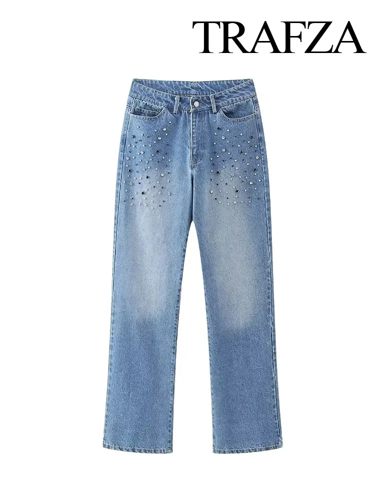 

TRAFZA Autumn Fashion Jewelry-encrusted Women's Slim Pants Retro High Waist Straight Long Women's Street Jeans Casual Pants