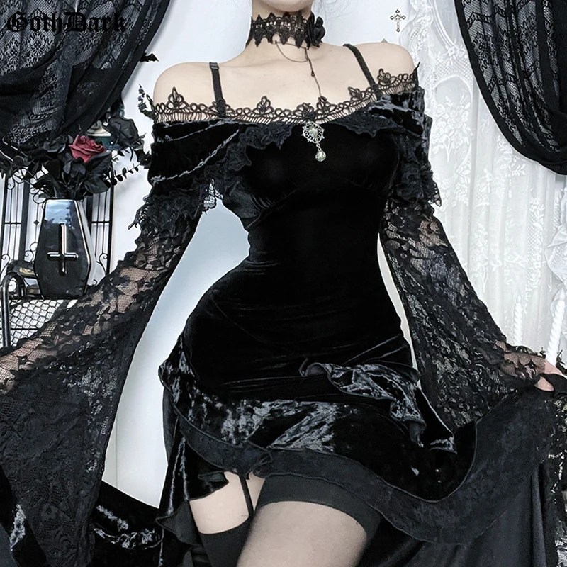 Goth Dark Flocking Lace Gothic Asymmetrical Maxi Dress Outfits for Women Mall Goth Embellished Off Shoulder Halloween Dresses 1