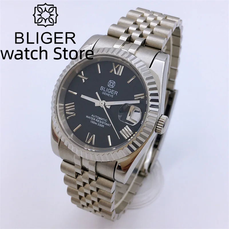 

BLIGER 36mm/39mm Black dial Roman numerals NH35A PT5000 Automatic Mechanical watch For Men sapphire glass date display Waterproo