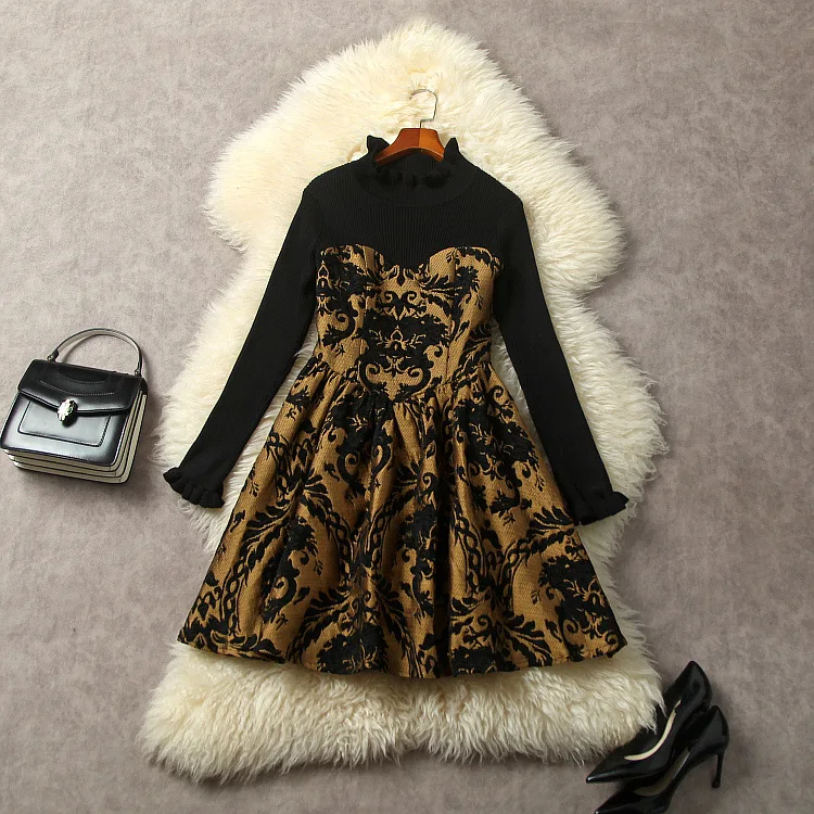 

Europe and the United States women's 2024 winter new Stand collar Long sleeve knitted stitching gold jacquard Fashion dress