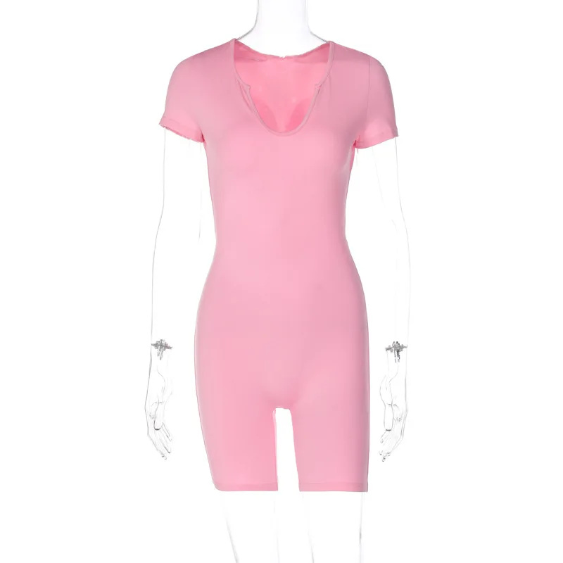 BKLD Summer Outfits For Women 2023 New Short Sleeve Solid Color Pink V-Neck Fashion Hollow Out Open Back Slim Romper For Women