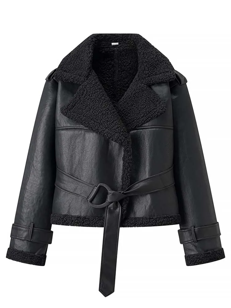 Women Fur Integrated Jacket 2025 New Autumn And Winter Fashion Long Sleeve Coat With Belt Female Elegant High Street Outerwear