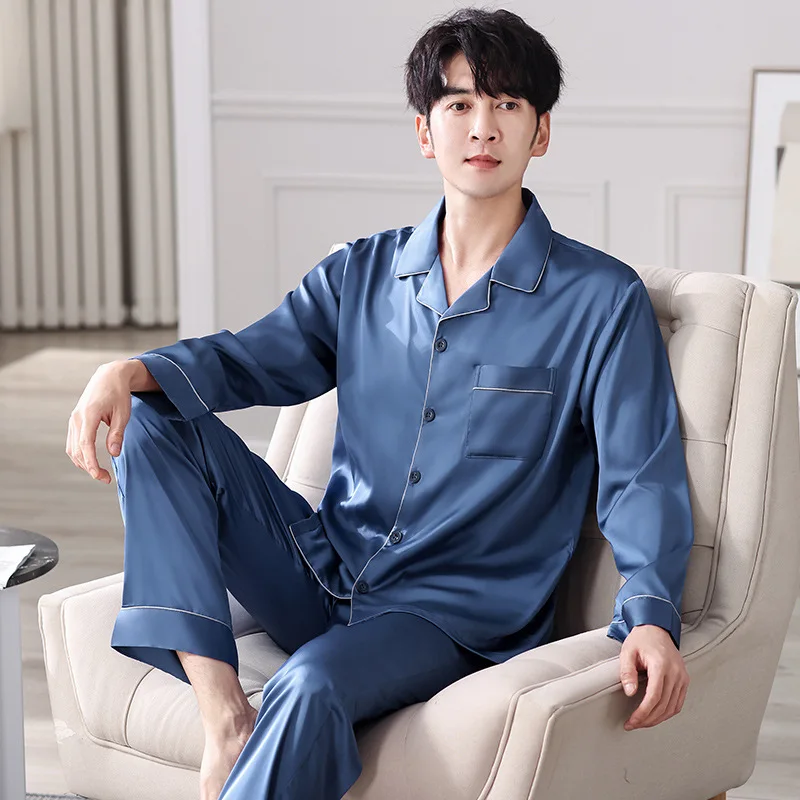 Men's Ice Silk Pajamas Suit Spring Summer Thin Long-sleeved Satin Soft Breathable Pyjamas Male Large Size Nightwear