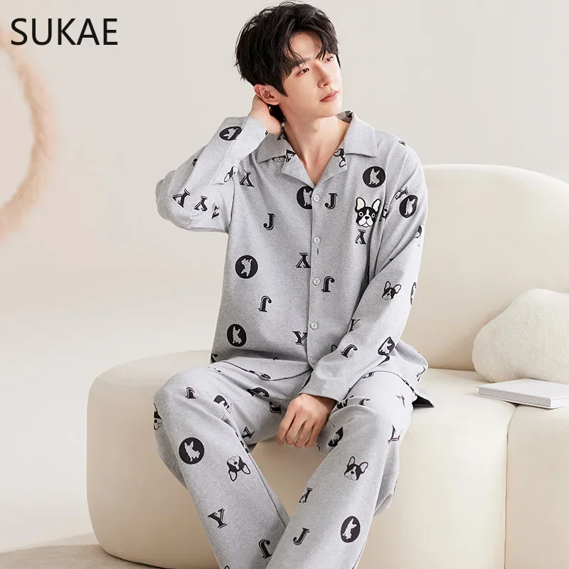 SUKAE Casual Mens Pijama Faux Cotton Soft Nightwear Autumn Spring Homesuit Gentleman Turn-down Collar Sleepwear Boys Pajamas - Image 6