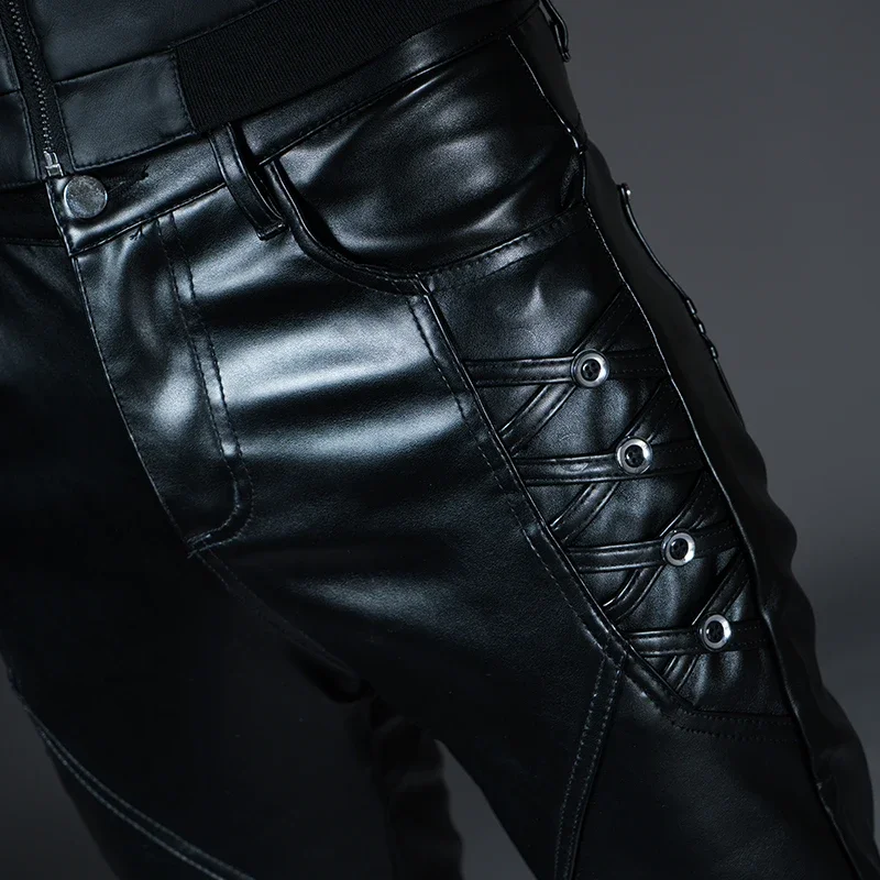 New Winter Mens Skinny Biker Leather Pants Fashion Faux Leather Motorcycle  Trousers for Male Stage Club Wear